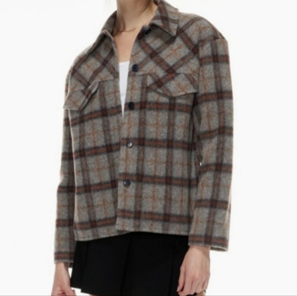Aritzia Plaid Button-Front Wool Jacket in Gray and Brown